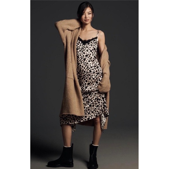 Anthropologie Women's Medium‎ Animal Print Lace Trim Slip Dress Midi Black NEW - Picture 4 of 16